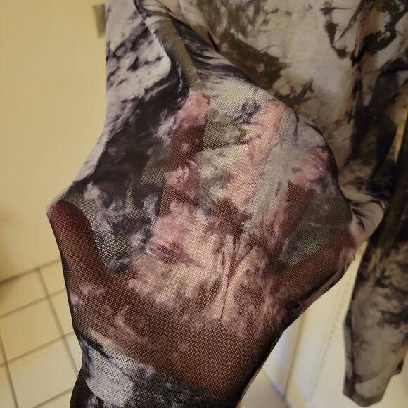 Sheer Tie Dye Mesh Long Sleeve Top Black Gray Stretchy Layering L XL - Picture 7 of 7